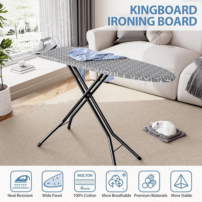 KINGBOARD Ironing Board, Foldable Iron Board with Iron Rest, Compact Ironing Board with Height Adjustable, Extra Thick Heat-Resistant Cover, Heavy-Duty Sturdy Metal Legs, 43x13 Grey-Ruum Studio Home