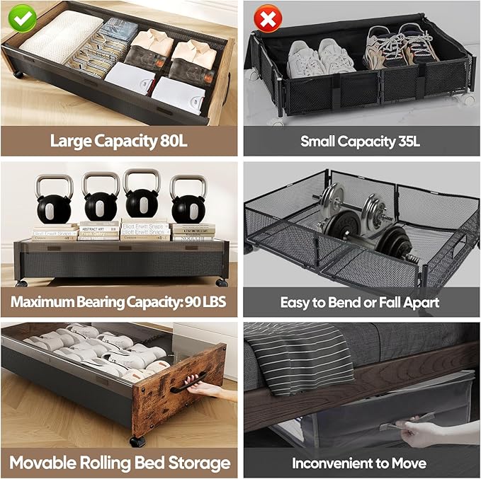 Wooden Under Bed Storage with Wheels, 80L Extra-large Rolling Under the Bed Storage Bins 2 Pack with Removable Lid, Upgrade Metal Under Bed Drawers for Clothes Shoes Blankets in Bedroom-Ruum Studio Home