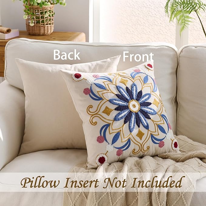Embroidered Throw Pillow Cover 18x18 Classic Boho Floral Pattern Pillows Cover Outdoor Decorative Pillowcase,Durable Cozy Textured Cushion Case for Sofa Couch Bed Living Room,Blue-Ruum Studio Home