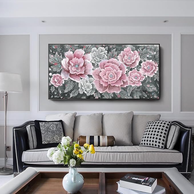 Oversized Framed Wall Art, Pink Flower Canvas Print Modern Pink & Grey Peony Blossom Artwork Extra Large Wall Picture Floral Decor for Living Room Bedroom Dining Room Office Home Decor-Ruum Studio Home