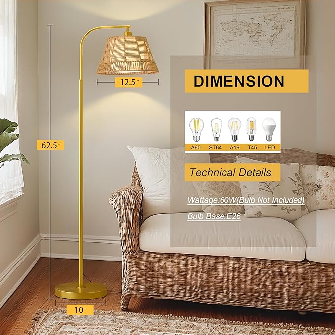 Oneach Arc Floor Lamp for Living Room,Rattan Boho Floor Lamp with Hand-Woven Wicker & Fabric Shade, Foot Switch,Gold Metal Base & Pole,Farmhouse Standing Lamp for Bedroom Corner,Office,Reading-Ruum Studio Home