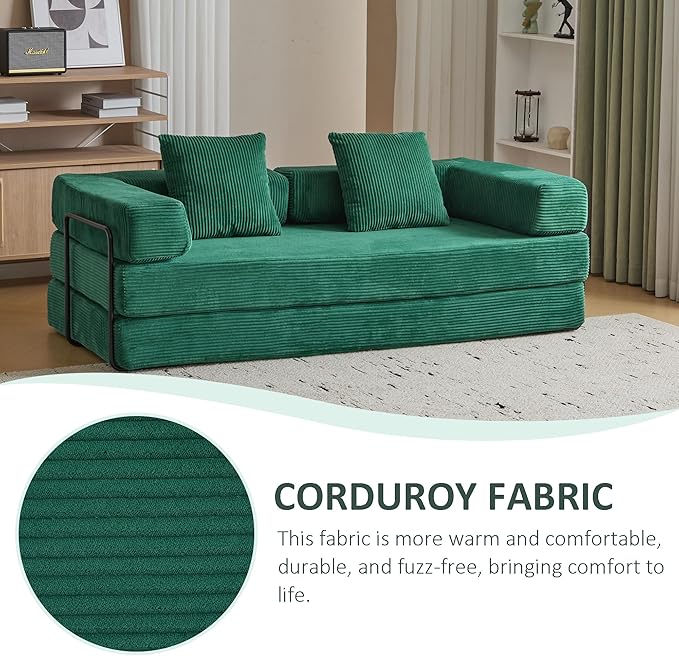 Convertible Sleeper Sofa Bed, Compression Folding Sofa with Pillow, No Assembly Required, Shape Frame, Floor Sofas Lounge Couch for Living Room, Bedroom, Small Spaces(Corduroy, 77''W, Dark Green)-Ruum Studio Home