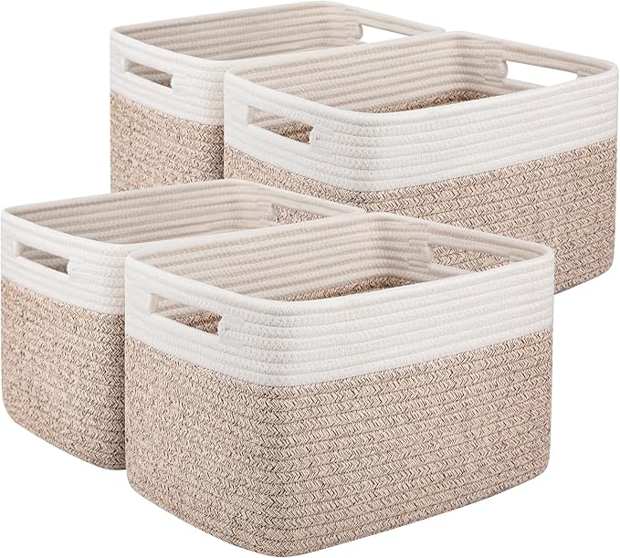 OIAHOMY 4 Pack Storage Baskets for Organizing, Basket for Shelves with Handle, Woven Baskets for Storage Toys, Towels, Books, Cotton Rope Basket 13" L x 9 " W x 7.8 " H, Brown & White-Ruum Studio Home