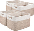OIAHOMY 4 Pack Storage Baskets for Organizing, Basket for Shelves with Handle, Woven Baskets for Storage Toys, Towels, Books, Cotton Rope Basket 13" L x 9 " W x 7.8 " H, Brown & White-Ruum Studio Home