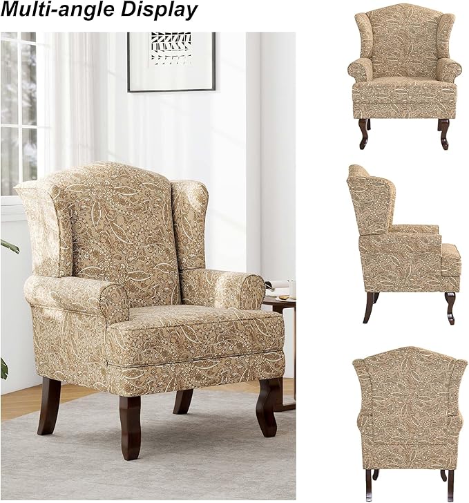 Accent Chair, High Back Upholstered Armchair with High Resilience Sponge & Wood Legs, Mid-Century Modern Comfy Single Sofa Reading Chairs for Living Room, Bedroom (Floral Light Brown, Set of 1)-Ruum Studio Home