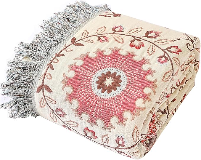 Snycler Boho Throw Blanket for Bed - 100% Cotton Ultra Soft Rustic Quilt - Pink Boho Floral Printed Farmhouse Decor Bed Blankets, 80"×90" All Season Rustic Throw for Sofa Couch Chair-Ruum Studio Home