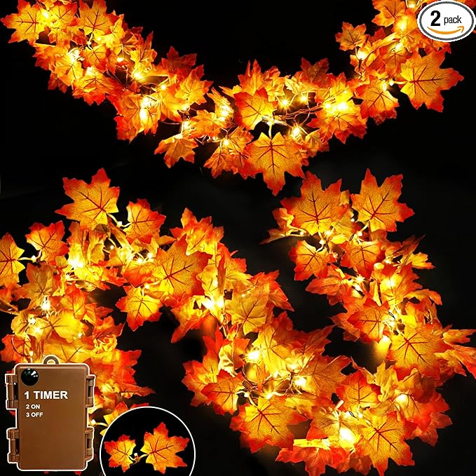 Timer & Thicker Leaves - 2 Pack Fall Garland with Lights Fall Hallowen Decorations Indoor Total 80 Leaves 40LED 13Ft Battery Operated Halloween Garland Thanksgiving Decor Home Indoor Outdoor Christmas-Ruum Studio Home