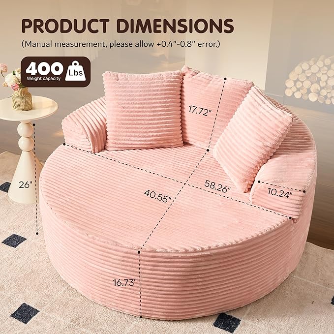 ovios 58" Oversized Round Chair Lounge Chaise Indoor, No Assembly Required, Cloud Large Circle Chair with Plush Fuax Fur, Fluffy Modern Sleeper Sofa Bed for Reading Yoga, Pink (Plush Corduroy Fabric)-Ruum Studio Home