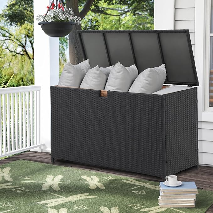 Super Patio Outdoor Patio Storage Box Waterproof, 120 Gallon Large Deck Box Wicker Storage Bin for Cushions, Garden Tools, Black-Ruum Studio Home