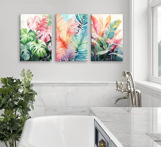 3pcs Framed Tropical Botanical Canvas Wall Art Monstera Leaves Posters Botanical Prints Bohemian style Wall Decor Pictures Palm Leaves Paintings for Bathroom living room Decoration-Ruum Studio Home