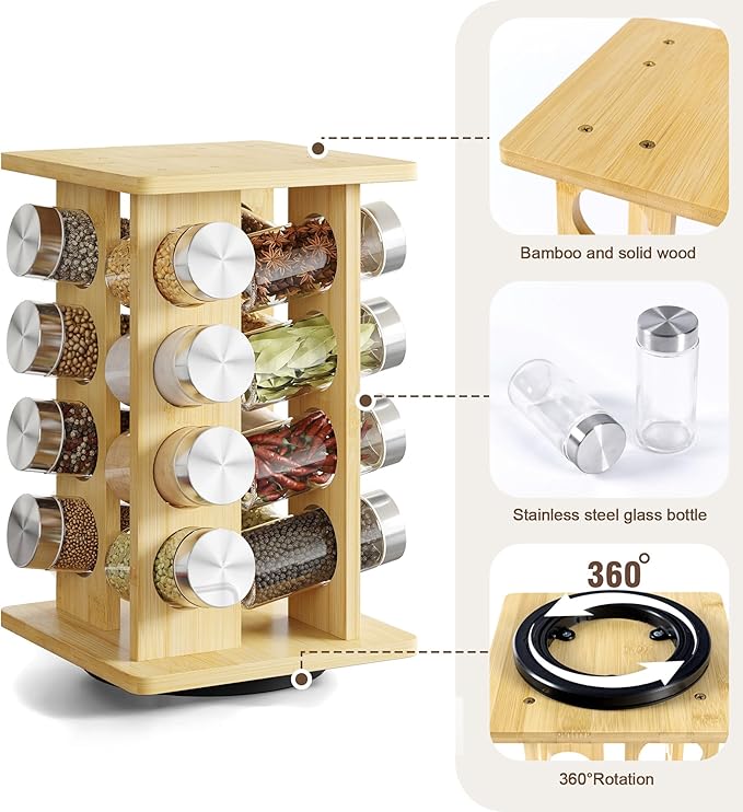WelFurGeer Bamboo Spice Rack Organizer for Countertop, Revolving Spice Shelf with 16 Glass Jars, Lids & Labels, Desktop Rotating Seasoning Organizer for Kitchens, Space-Saving Design-Ruum Studio Home