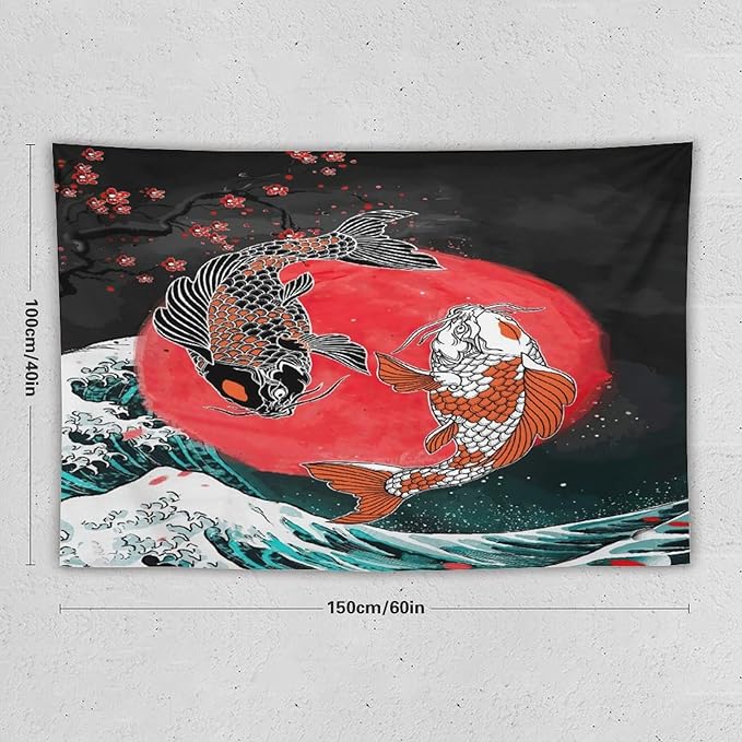 Houselerax Koi Fish Tapestries,Japanese Style Yin Yang Big Wave Cherry Blossoms Tapestry Wall Hanging for Bedroom Living Room Office Decor 60"x40"-Ruum Studio Home