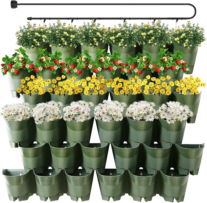 Worth Garden 36 Pockets Self Watering Vertical Planters Indoor Outdoor Living Wall Mounted - 9' Automatic Dripping Irrigation System Hose Kit Stackable Plastic Pot Herb Plants Home Balcony Decoration-Ruum Studio Home