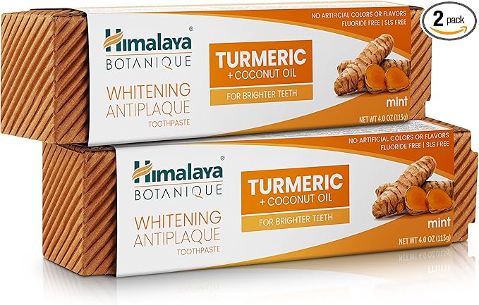Himalaya Botanique Turmeric & Coconut Oil Whitening Antiplaque Herbal Toothpaste, Whitens Teeth, Fluoride Free, No Artificial Flavors, SLS Free, Vegan, Cruelty Free, Foaming, Mint Flavor, 4 Oz, 2 Pack-Ruum Studio Home