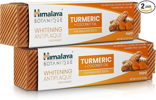 Himalaya Botanique Turmeric & Coconut Oil Whitening Antiplaque Herbal Toothpaste, Whitens Teeth, Fluoride Free, No Artificial Flavors, SLS Free, Vegan, Cruelty Free, Foaming, Mint Flavor, 4 Oz, 2 Pack-Ruum Studio Home