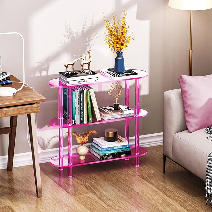 Clear Bookshelf, Acrylic Bookcase with Open Book Shelf Console Table for Entryway Office (3 Tier Pink)-Ruum Studio Home