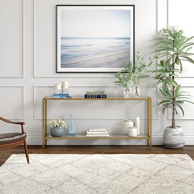 Henn&Hart 64" Wide Rectangular Console Table with Glass Shelf in Brushed Brass, Entryway Table, Accent Table for Living Room, Hallway-Ruum Studio Home