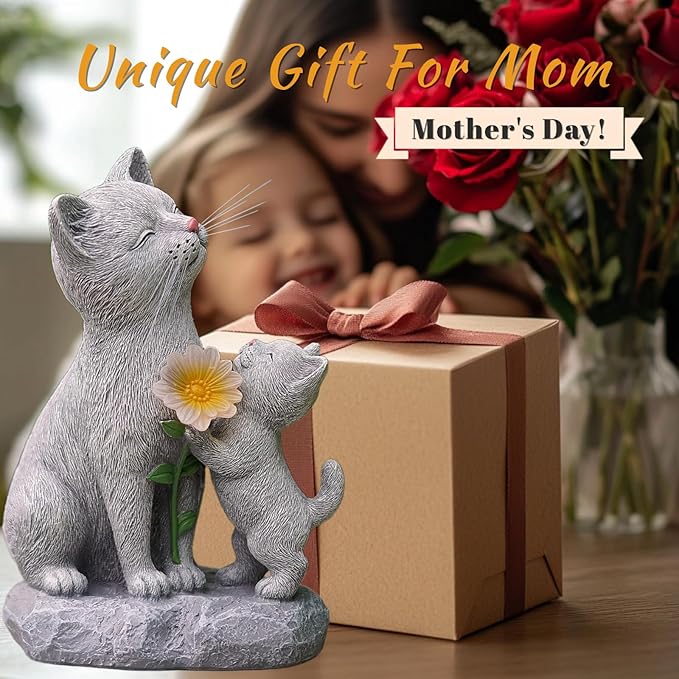 Solar Cat Garden Statue Outdoor Decor - Mother & Kitten Figurines with Flower LED Light, Outside Yard Art Patio Balcony Lawn Ornament, Unique Gifts for Cat Lover-Ruum Studio Home