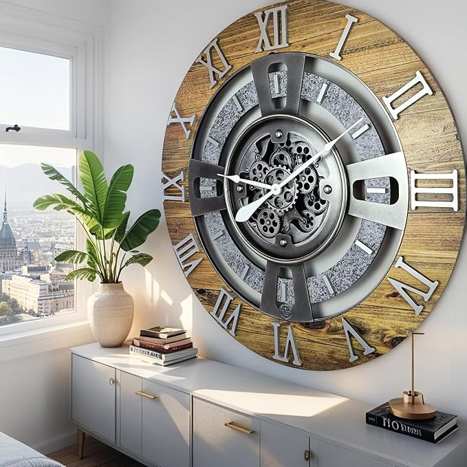 The Gears Clock Real Moving Gear Wall Clock England Line (Wood & Stone, 36 inches (90 cm))-Ruum Studio Home