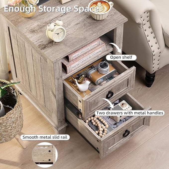 18" Farmhouse Night Stands Set of 2 with Charging Station, 2 & 3 Drawers End Table Dresser for Bedroom, Oak Wooden Nightstand, Bed Side Table with Open Shelf, Bedside Cabinet for Living Room-Ruum Studio Home