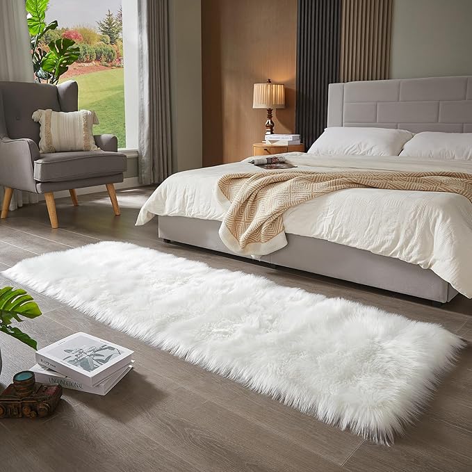 AMTOVO Faux Fur Rug, White Ultra Soft Fluffy Shag Sheepskin Rug, 2 x 6 ft Runner Area Rugs for Bedroom Sofa Throw Cushion Room Decor, Rectangle-Ruum Studio Home