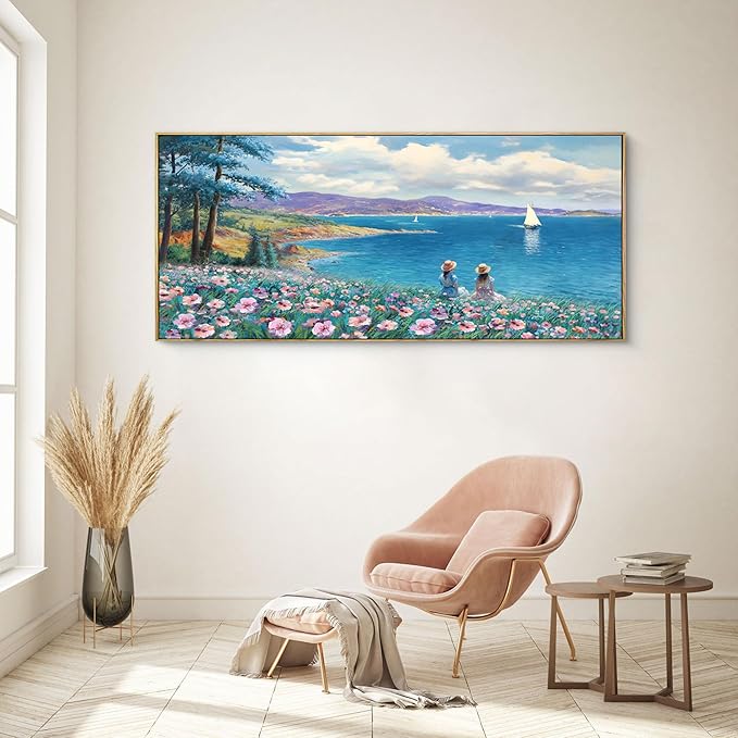 XLSJERST Large Landscape Wall Art - Blue Ocean Pink Flower Sailboat Mountain Tree Wall Decor Orange Frame Artwork for Wall Large Picture for Living Room Bedroom Home Office Decoration Size 29x58-Ruum Studio Home