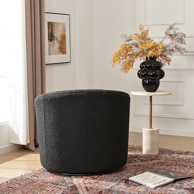 KINWELL 34" W Mid Century Modern Swivel Barrel Chair, Round Upholstered Boucle Swivel Accent Chairs, No Assembly Sofa Chair for Living Room Bedroom Reading Apartment Lounge Nursery(Black)-Ruum Studio Home