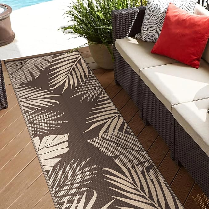 GENIMO Outdoor Rug 2.5' x 8' Waterproof for Patios Clearance, Reversible Outdoor Plastic Straw Camping Rug Carpet, Large Area Rugs Mats for RV, Camper, Deck, Balcony, Porch, Beach, Coffee&Beige-Ruum Studio Home