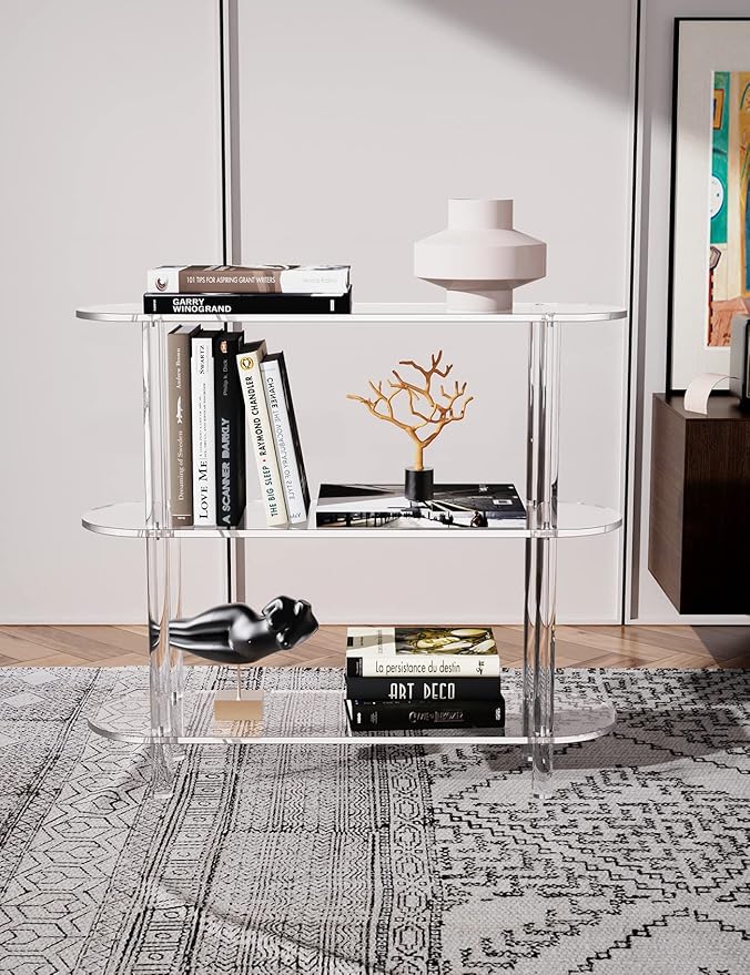 Clear Bookshelf, Acrylic Bookcase with Open Book Shelf Console Table for Entryway Office Living Room Bedroom (3 Tier Clear)-Ruum Studio Home