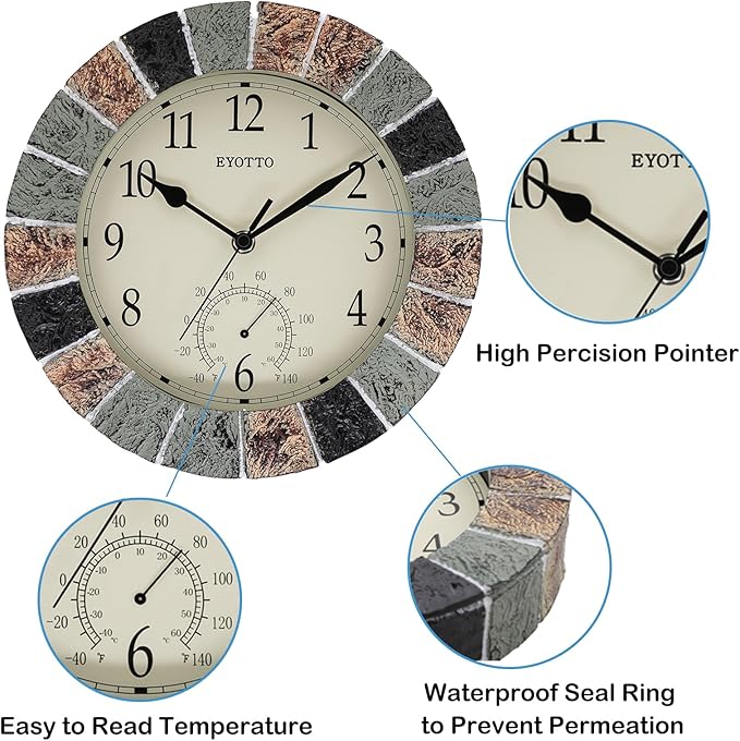 eYotto 10 Inch Small Indoor/Outdoor Waterproof Wall Clock with Thermometer Silent Non-Ticking Battery Operated Wall Clocks Weatherproof for Patio, Pool, Garden, Lanai, Fence, Porch, Deck, Bathroom-Ruum Studio Home