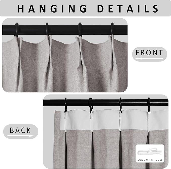 Macochico Pinch Pleated Blackout Curtains 102 Inches Long 100% Light Blocking Browish Grey Linen Drapes for Bedroom Living Room Farmhouse Shabby Chic Burlap Curtains with Tieback 72”Wx102”L 1 Panel-Ruum Studio Home
