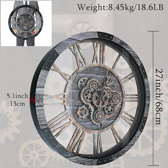 27 Inch Moving Gear Wall Clock, Oversized Wall Clocks, Clock Living Room Decor, Solid Wood Frame, Battery Operated, Large Wall Clock with Steampunk Industrial for Fireplace(Gray)-Ruum Studio Home