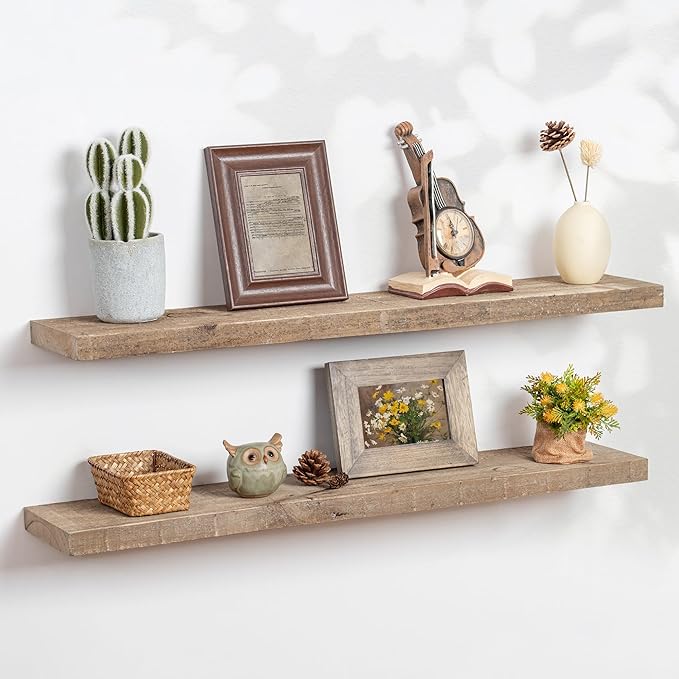 Floating Shelves | 8" Deep Rustic Reclaimed Barnwood Wall Hanging Shelves with Invisible Heavy-Duty Metal Bracket | Wall Mounted | Farmhouse Style | 36 inches, 2 PCs, Distressed Natural-Ruum Studio Home