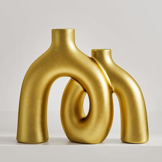 Hug Donut Decorative Vase Set - Golden Modern Classic Transitional Style Vases Home Decor, Matte Ceramic Decorations for Living Room Shelf, Bookshelf Mantle Entryway Table or Console Décor (Gold)-Ruum Studio Home