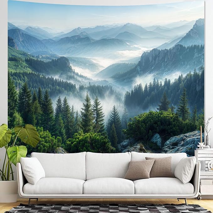 AMM Nature Forest Mountain Tapestry Green Misty Pine Tree Tapestry for Bedroom Aesthetic Foggy Woodlands Sky Landscape Tapestries Wall Hanging for Living Room Dorm 90 x 68 Inch-Ruum Studio Home