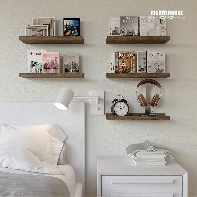 RICHER HOUSE 8 Set Floating Wall Mounted Shelves, Nursery Hanging Book Shelves with Lip for Storage, Display Picture Ledge Shelf for Bedroom Bathroom Kitchen Living Room Wall Decor, Rustic Brown-Ruum Studio Home