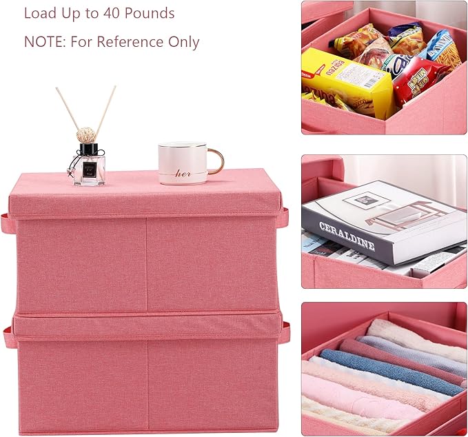 HOONEX Linen Foldable Storage Bins with Lids, 2 Pack, Storage Boxes with Carrying Handles and Sturdy Heavy Cardboard, 16.5" L x 11.8" W x 7.5" H for Shoes, Books, Clothes, Nursery, Pink-Ruum Studio Home