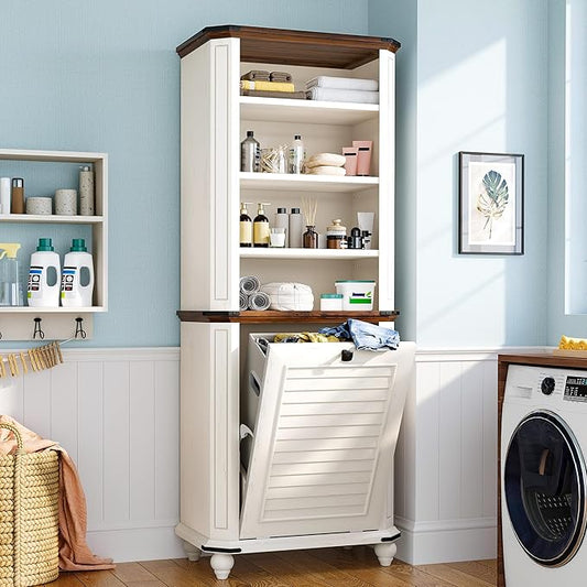 DWVO Tilt Out Laundry Hamper, Farmhouse 4-Tier Storage Cabinet with Removable Laundry Basket, Laundry Hamper Organizer with 2 Adjustable Shelves for Laundry Room, Bathroom, White-Ruum Studio Home
