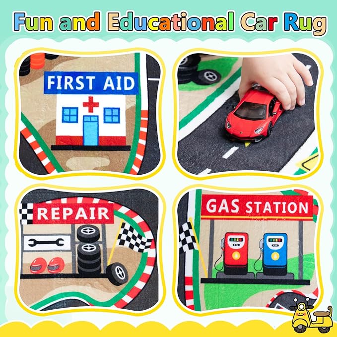 Kids Rug, Race Track Baby Play Mats, Realistic 3D Cascading Surround Route, 3x5 Ft Kids Rug for Playroom, Great for Playing with Cars and Toys, Non-Slip Car Carpet-Ruum Studio Home
