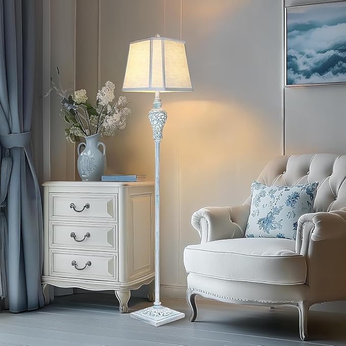 Vintage Floor Lamp with Nightlight, 65" Retro Standing Lamp with White Linen Shade, Washed Blue Finish Farmhouse Style Design Tall Lamp Decor for Living Room Bedroom Study Home Corner (Bulb Included)-Ruum Studio Home