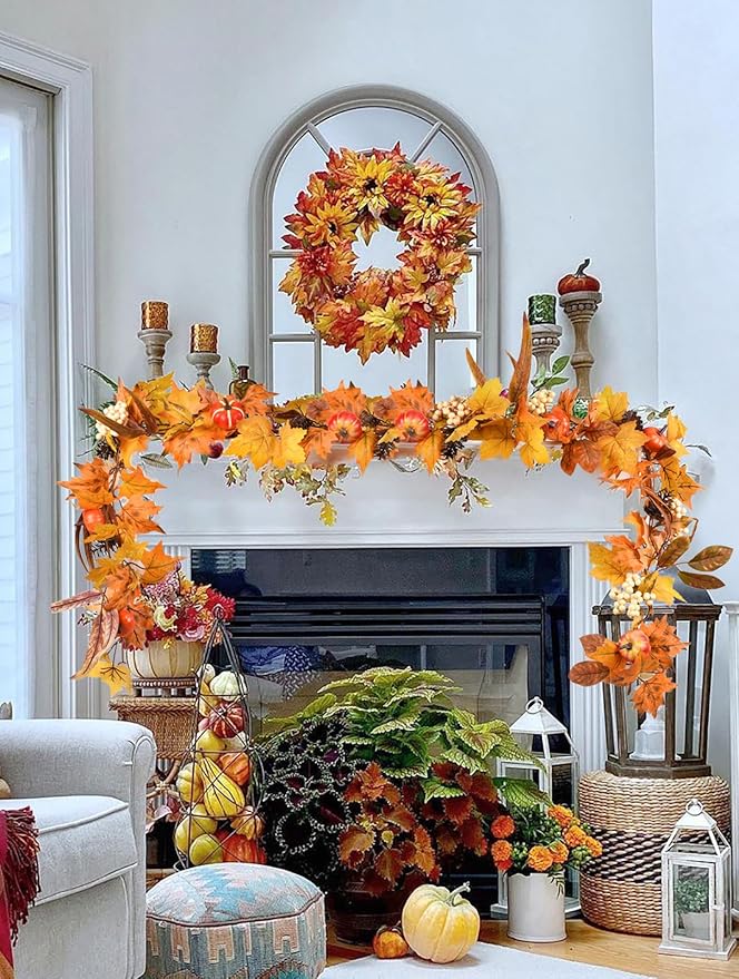 Lvydec Fall Maple Leaves Garland Decoration -6ft Artificial Fall Foliage Garland with White Pumpkins Pine Cone Autumn Decor for Halloween Thanksgiving Home Table Decor-Ruum Studio Home