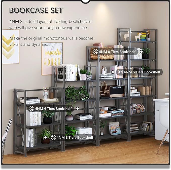 4NM No Assembly Foldable Bookshelf, 6-Shelf Collapsible Bookcase Storage for Small Spaces, 74" H, All Black-Ruum Studio Home