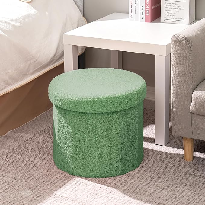 B FSOBEIIALEO Storage Ottoman Cube, Round Ottomans with Storage Foot Stool Footrest for Lving Room, Boucle Ottoman Seat for Dorm Room,Faux Teddy Fur, Green 15"x15"x15"-Ruum Studio Home