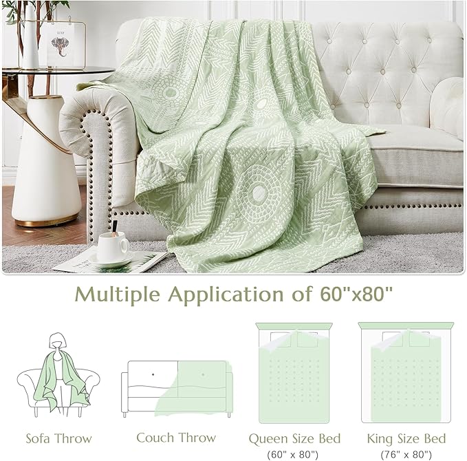 jinchan Boho 100% Cotton Blanket Muslin Lightweight Twin Size Throw Blanket Reversible for Couch Soft Cozy All Season 3-Layer Throw Coverlet Blanket for Bedroom Living Room Decor Green 60x80 Inches-Ruum Studio Home