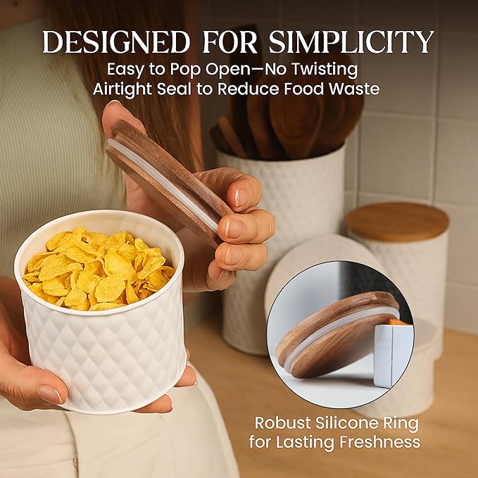 6 Canister Set for the Kitchen Countertop – Metal Food Storage Canisters with Airtight Lids for Flour, Tea, Crafts, Coffee, & Sugar – Container Set with Modern Wood Lids, White-Ruum Studio Home