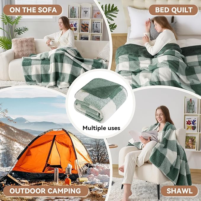 LURKA Checkered Sherpa Fleece Twin-Size Bed Blanket - Extra Thick and Warm Winter Soft Fuzzy Plush Blanket for Couches, Beds & Pets, Sage, 60x80 Inches-Ruum Studio Home
