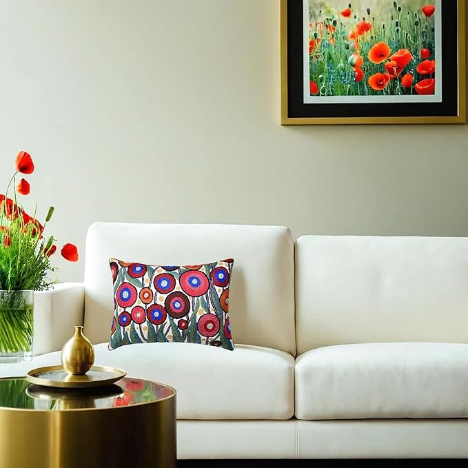 Cream Lumbar Poppy Floral Pillow Cover Red Poppies Flower Pillows White Farmhouse Chair Cushion Floral Cream Hand Embroidered Size 14x20-Ruum Studio Home