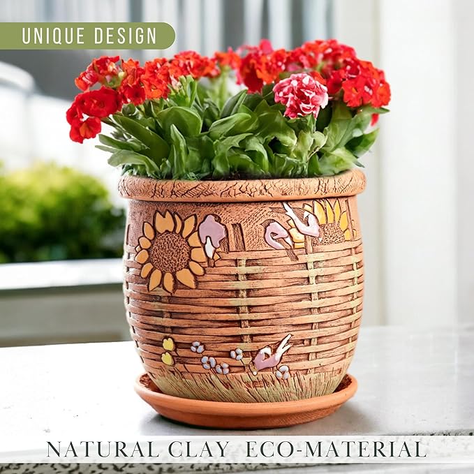 Ceramic Pot with Drainage Hole and Saucer, Plant Pots, Modern Decorative Planters for House Plants Indoor Flowers Plants, Cute Flower Pot - Gifts (Wicker (1.6 L))-Ruum Studio Home