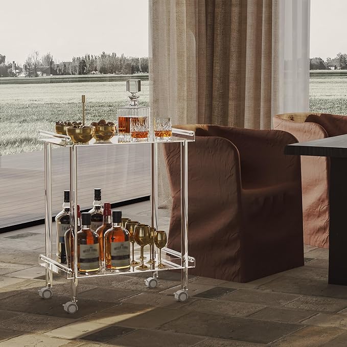 HMYHUM Acrylic Bar Cart, Rolling Serving Cart with 4 Lockable Wheels for The Home Bar, Kitchen, Living Room, Modern, 2-Tier, 23.6" L x 15" W x 30" H, Clear-Ruum Studio Home