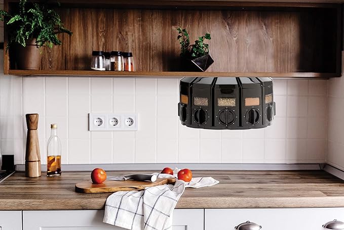 Kitchen Art Spice Rack Select-A-Spice Auto-Measure Carousel 12 Compartments Black 8.75 x 8.75 x 6 inches-Ruum Studio Home